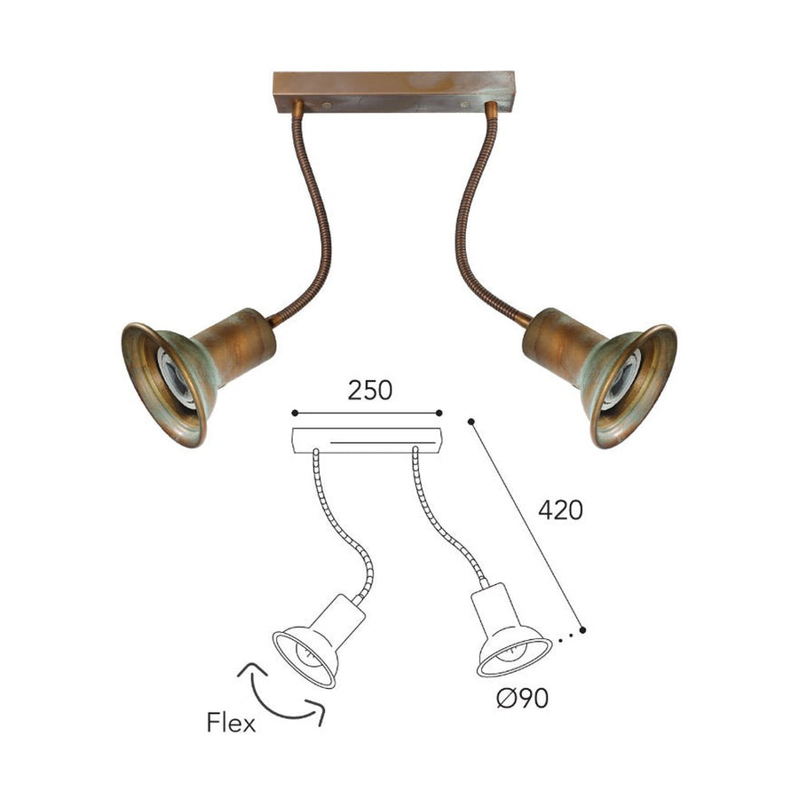 Vintage stílusú, réz spot lámpa két flexibilis foglalattal.
