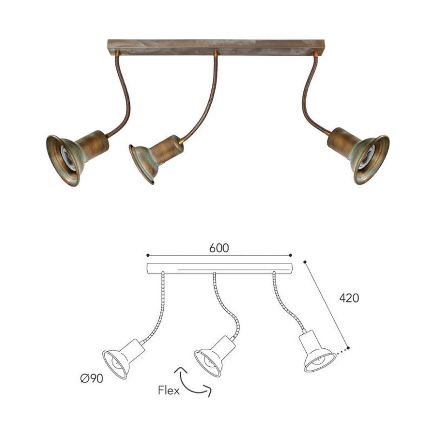 Vintage stílusú, réz spot lámpa méretábrája