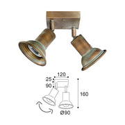 Vintage stílusú, réz spot lámpa méretábrája.