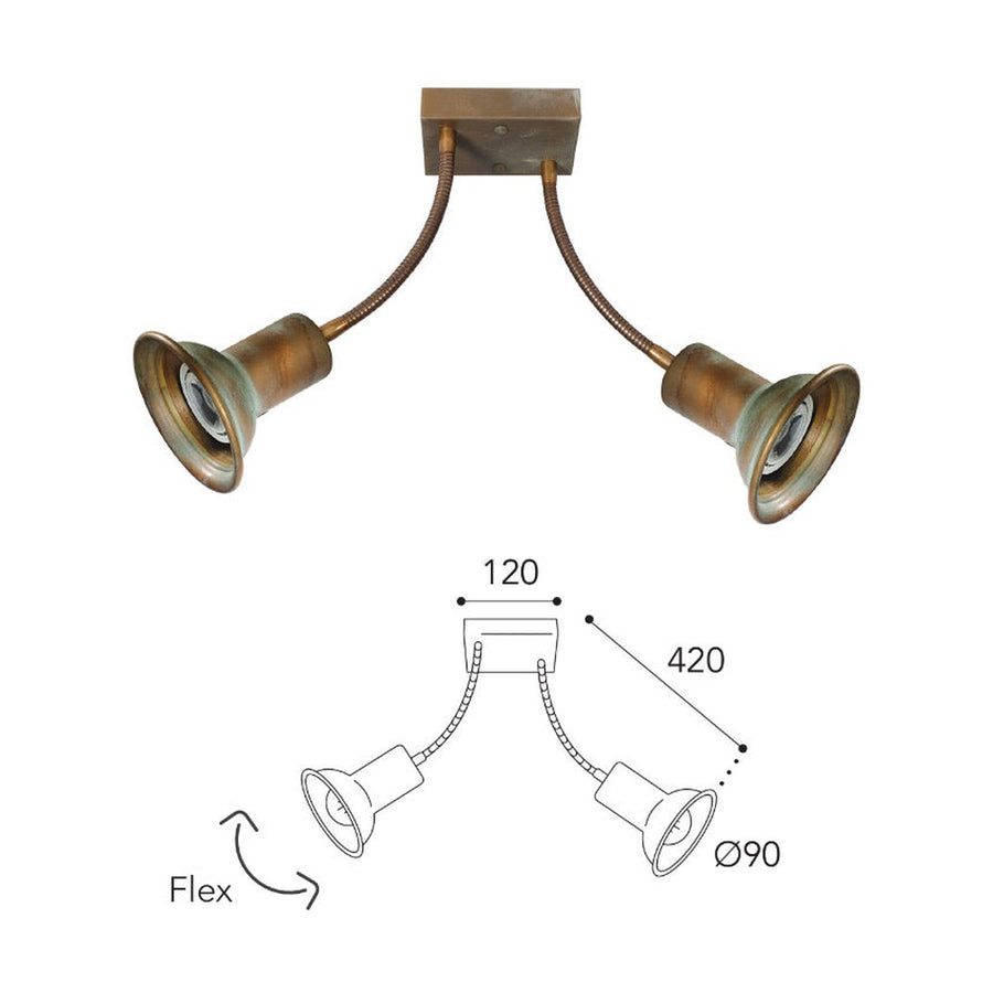 Vintage stílusú, réz spot lámpa két flexibilis foglalattal.
