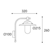 Moretti Luce Chalet réz falikar méretrajza 26 cm-es magassággal, 32 cm-es kinyúlással és 21,5 cm-es lámpafejjel