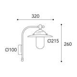 Moretti Luce Chalet réz falikar méretrajza 26 cm-es magassággal, 32 cm-es kinyúlással és 21,5 cm-es lámpafejjel