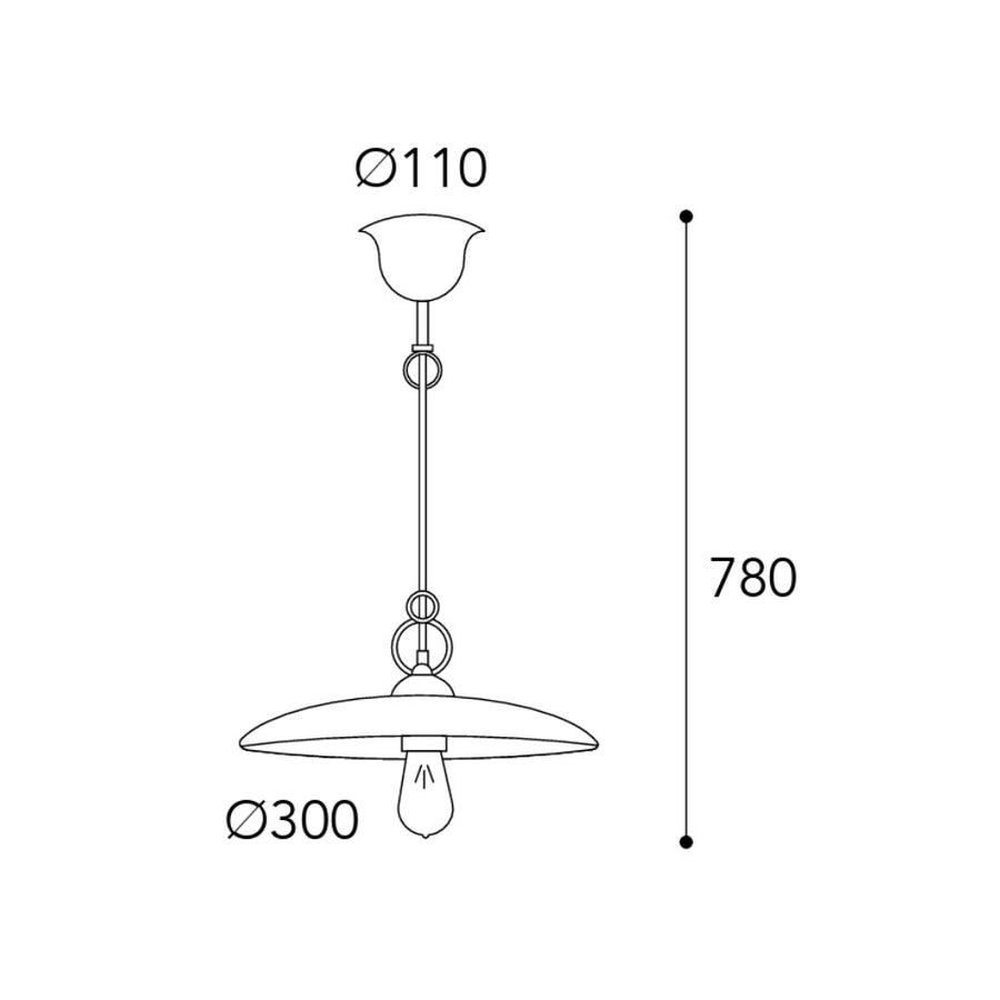 Moretti Luce Trasimeno réz függeszték méretrajza 78 cm-es magassággal, 30 cm-es árnyékolóval és 11 cm-es mennyezeti takaróelemmel