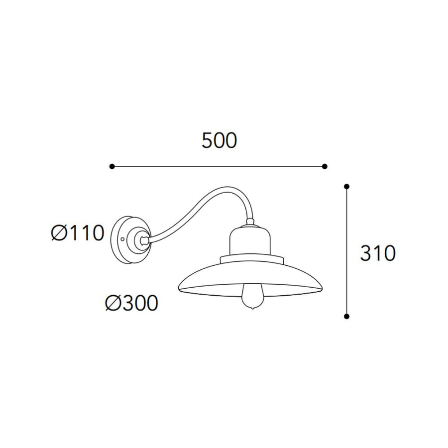 Patio loft stílusú réz falikar méretrajza, 50 cm-es kinyúlással, 31 cm magassággal és 30 cm átmérőjű lámpaernyővel.