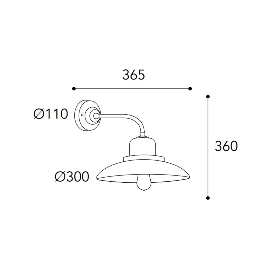 Patio loft stílusú réz falikar méretrajza, 36,5 cm-es kinyúlással, 36 cm magassággal és 30 cm átmérőjű lámpaernyővel.