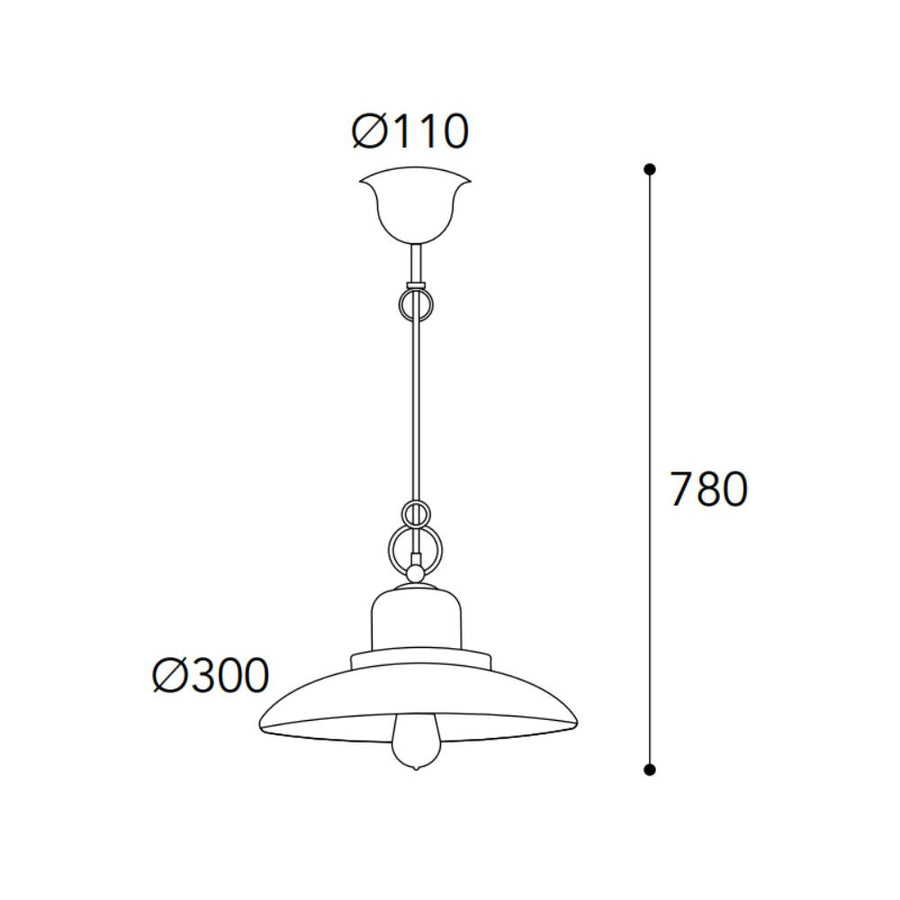 Patio loft stílusú réz függesztéklámpa méretrajza, 30 cm lámpaernyő-átmérővel és 78 cm teljes magassággal.