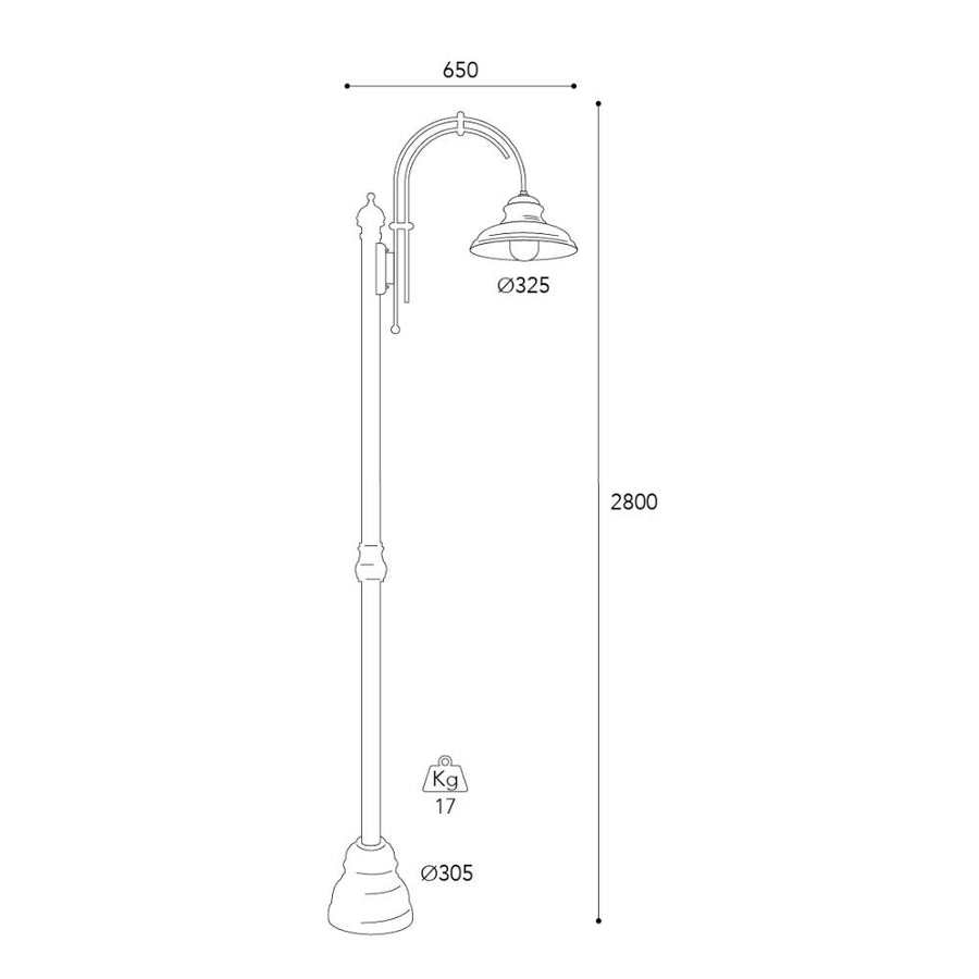 Moretti Luce Mill háromlámpás réz kandeláber méretrajza 280 cm-es magassággal, 65 cm-es szélességgel és 32,5 cm-es búrákkal