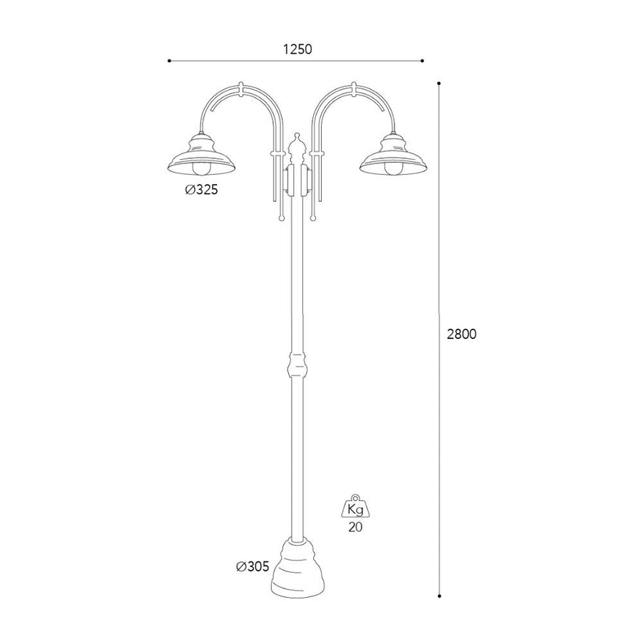 Moretti Luce Mill háromlámpás réz kandeláber méretrajza 280 cm-es magassággal, 125 cm-es szélességgel és 32,5 cm-es búrákkal