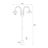 Moretti Luce Mill háromlámpás réz kandeláber méretrajza 280 cm-es magassággal, 125 cm-es szélességgel és 32,5 cm-es búrákkal