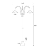 Mill háromlámpás réz kandeláber méretrajza 280 cm-es magassággal, 125 cm-es szélességgel és 32,5 cm-es búrákkal