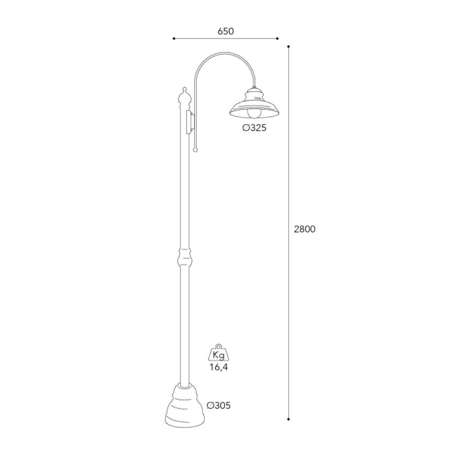 Mill két lámpás réz kandeláber méretrajza 280 cm-es magassággal és 65 cm-es szélességgel