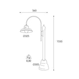 Moretti Luce Mill réz kandeláber méretrajza 155 cm-es magassággal, 56 cm-es kinyúlással és 32,5 cm-es lámpabúrával