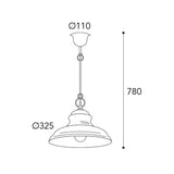 Moretti Luce Mill réz függeszték méretrajza 78 cm-es magassággal, 32,5 cm-es lámpabúrával és 11 cm-es mennyezeti takaróelemmel