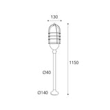 Torcia réz kerti kandeláber méretrajza 115 cm-es magassággal, 14 cm-es talpátmérővel és 13 cm-es lámpafejjel