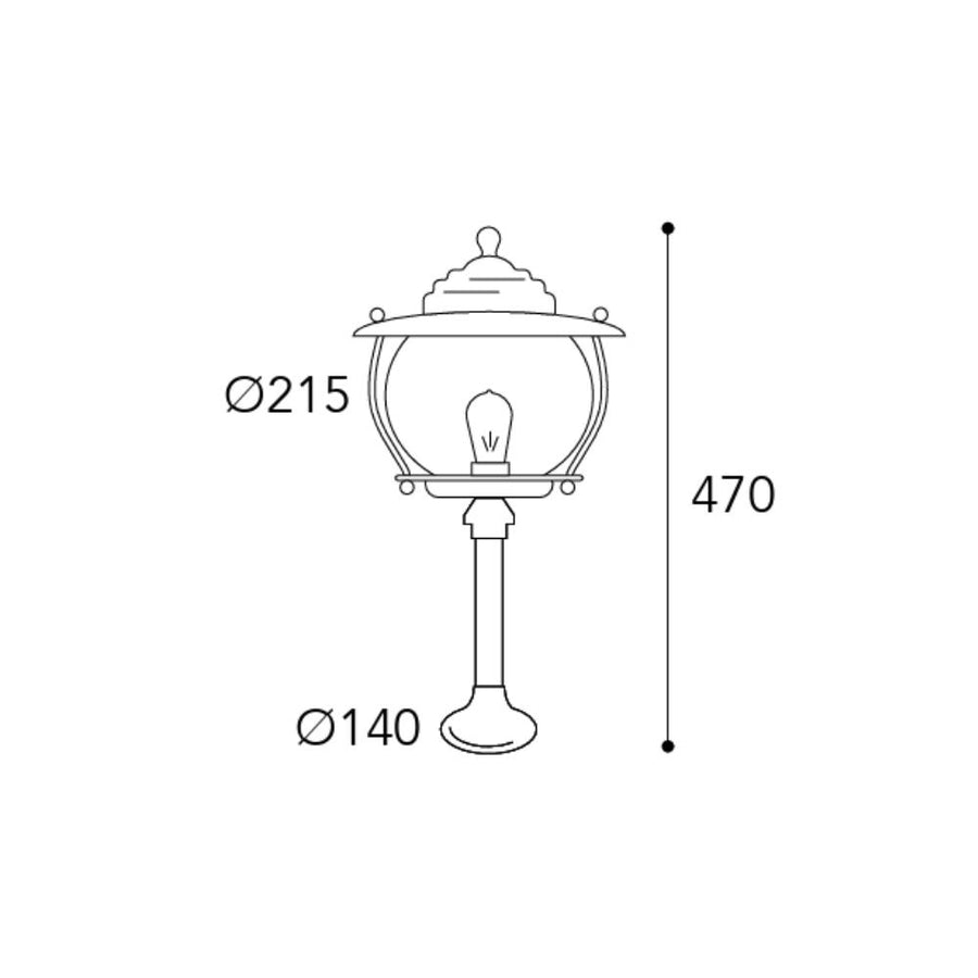 Moretti Luce Betulle réz kerti kandeláber méretrajza 47 cm-es magassággal, 21,5 cm-es lámpafejjel és 14 cm-es talpátmérővel