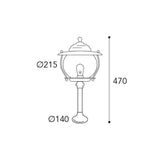 Moretti Luce Betulle réz kerti kandeláber méretrajza 47 cm-es magassággal, 21,5 cm-es lámpafejjel és 14 cm-es talpátmérővel
