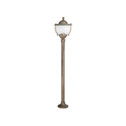 Moretti Luce Betulle vintage stílusú tömör réz kerti kandeláber gömbölyded üvegbúrával, 107 cm-es magassággal