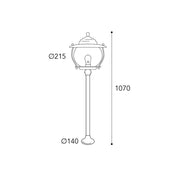 Moretti Luce Betulle réz kerti kandeláber méretrajza 107 cm-es magassággal, 21,5 cm-es lámpafejjel és 14 cm-es talpátmérővel