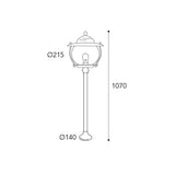 Moretti Luce Betulle réz kerti kandeláber méretrajza 107 cm-es magassággal, 21,5 cm-es lámpafejjel és 14 cm-es talpátmérővel
