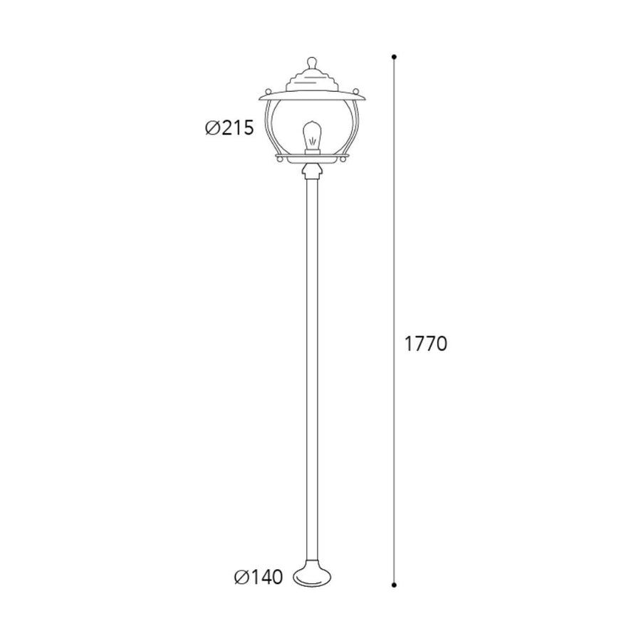 Moretti Luce Betulle réz kerti kandeláber méretrajza 177 cm-es magassággal, 21,5 cm-es lámpafejjel és 14 cm-es talpátmérővel