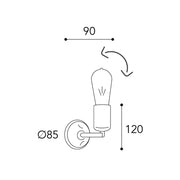 Lumen loft stílusú réz falikar méretrajza 12 cm magassággal, 9 cm-es kinyúlással és 8,5 cm átmérőjű fali szerelvénnyel.