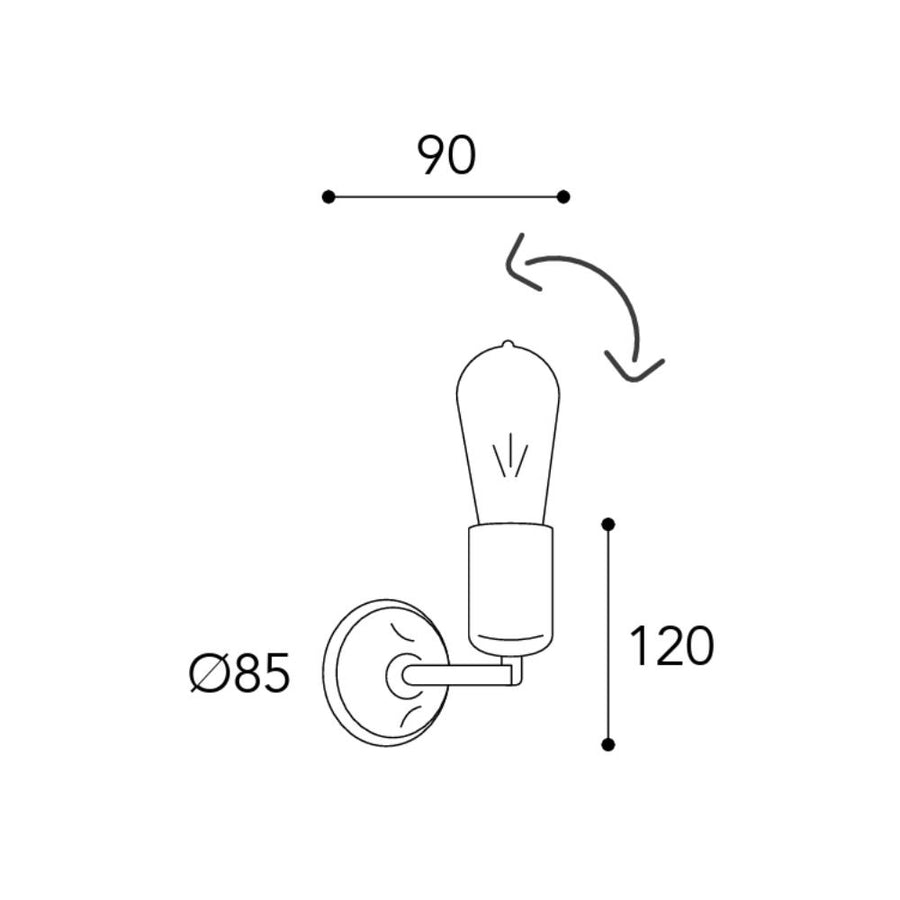 Lumen loft stílusú réz falikar méretrajza 12 cm magassággal, 9 cm-es kinyúlással és 8,5 cm átmérőjű fali szerelvénnyel.