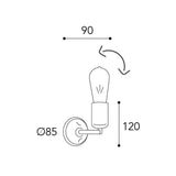 Lumen loft stílusú réz falikar méretrajza 12 cm magassággal, 9 cm-es kinyúlással és 8,5 cm átmérőjű fali szerelvénnyel.