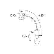 Lumen loft stílusú réz flexibilis falikar méretrajza 48,5 cm hosszú hajlítható karral és 9 cm átmérőjű fali szerelvénnyel.