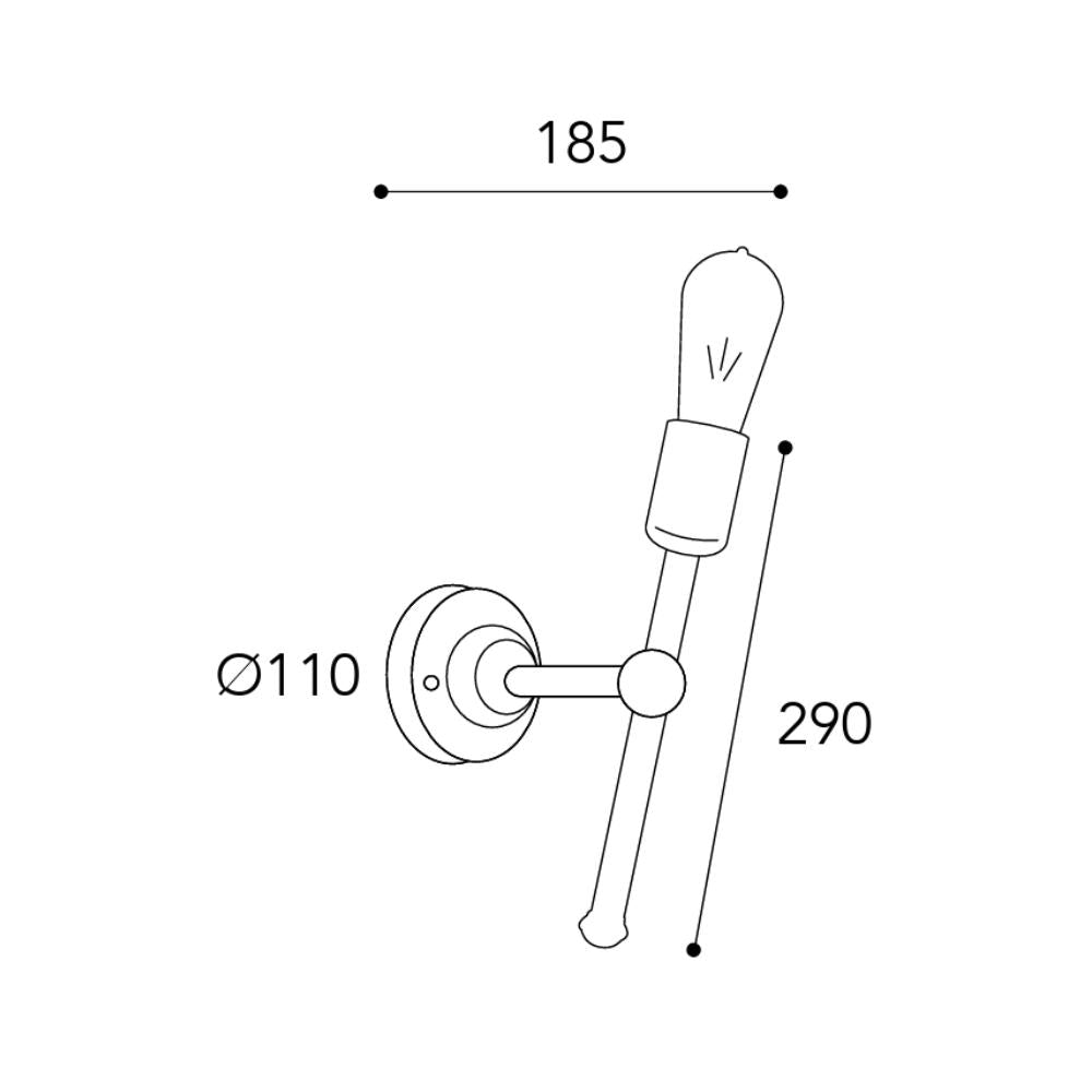 Lumen loft stílusú réz falikar méretrajza 29 cm magassággal, 18,5 cm-es kinyúlással és 11 cm átmérőjű fali szerelvénnyel.