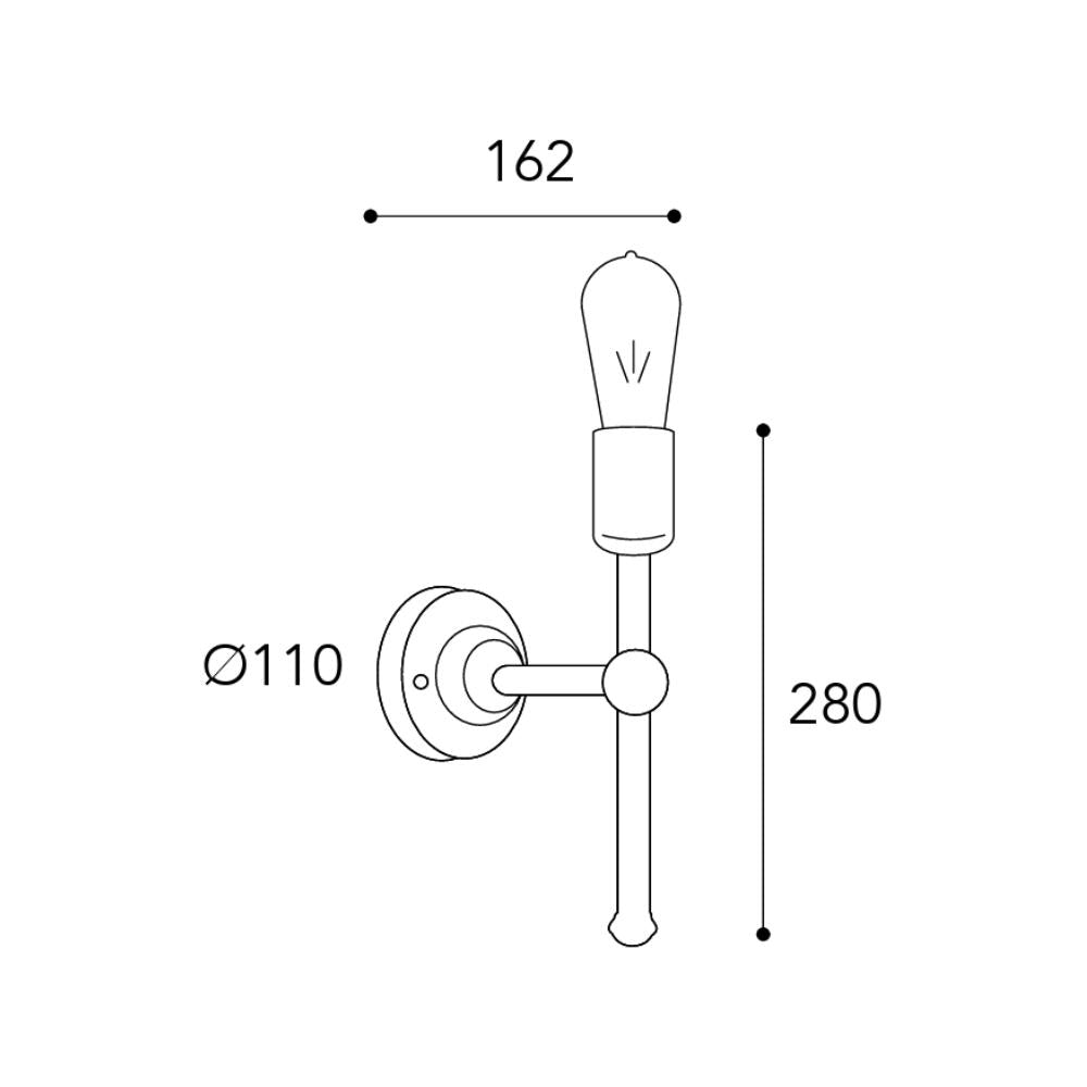 Lumen loft stílusú réz falikar méretrajza 28 cm magassággal, 16,2 cm-es kinyúlással és 11 cm átmérőjű fali szerelvénnyel.