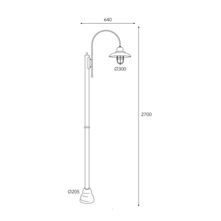 Patio Cage egylámpás réz kandeláber méretrajza 270 cm magassággal, 64 cm szélességgel és 30 cm átmérőjű védőrácsos lámpaernyővel.