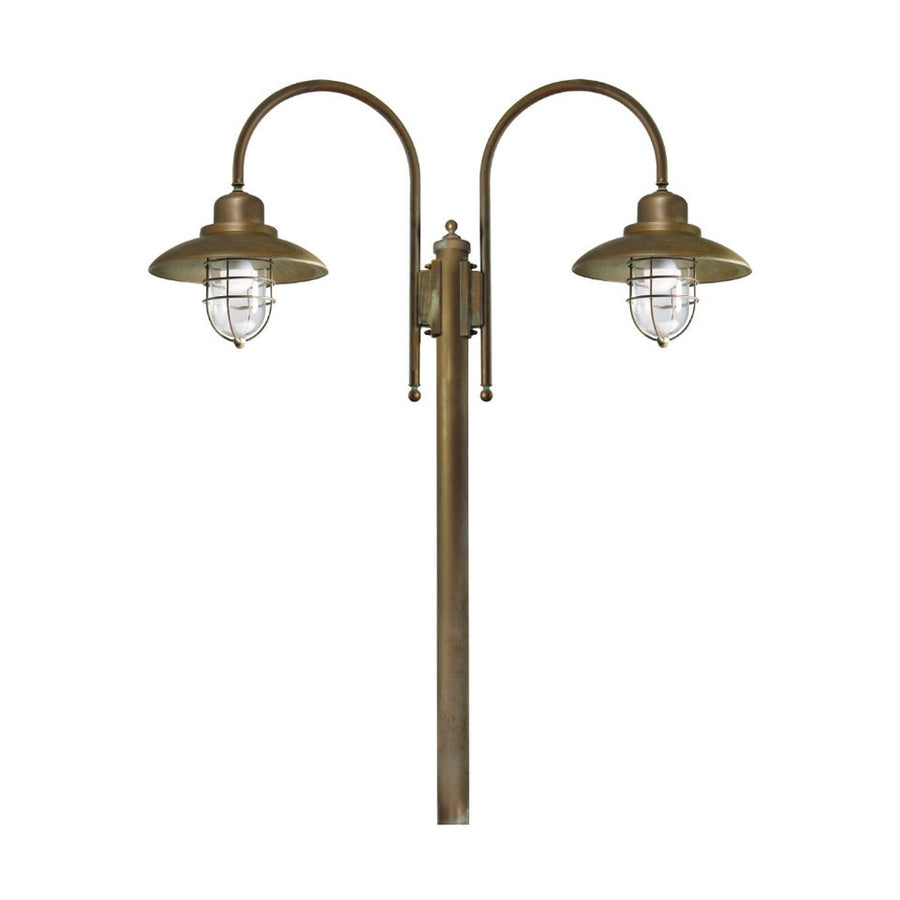 Loft stílusú, rézből készült, 270 cm magas kandeláber két darab fémrácsos üvegbúrával