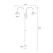 Atelier két lámpás réz kandeláber méretrajza 270 cm magassággal, 123 cm szélességgel és 32 cm-es ernyőkkel