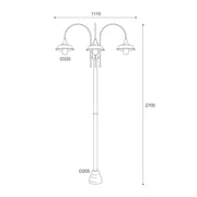 Atelier háromlámpás réz kandeláber méretrajza 270 cm magassággal, 111 cm szélességgel és 32 cm-es ernyőkkel