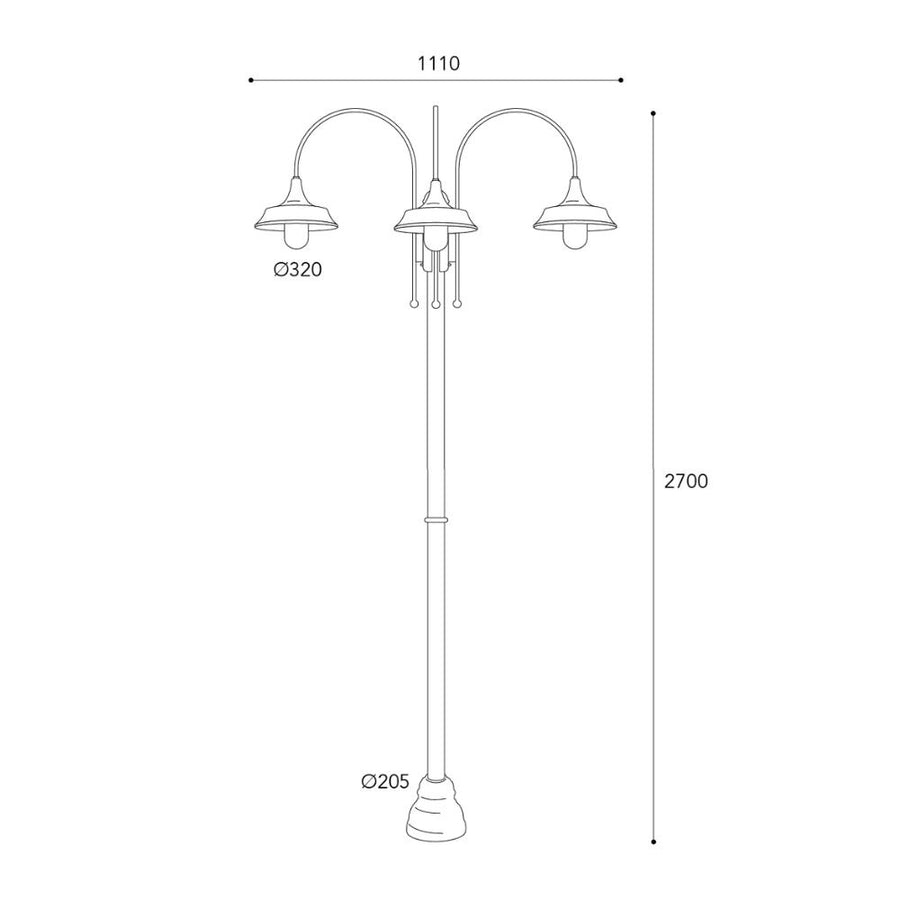 Atelier háromlámpás réz kandeláber méretrajza 270 cm magassággal, 111 cm szélességgel és 32 cm-es ernyőkkel