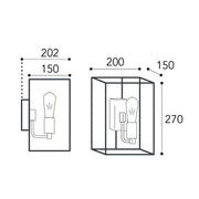 Cubic réz falilámpa méretrajza 20 × 15 × 27 cm-es lámpatesttel és 20,2 cm-es faltól mért kinyúlással