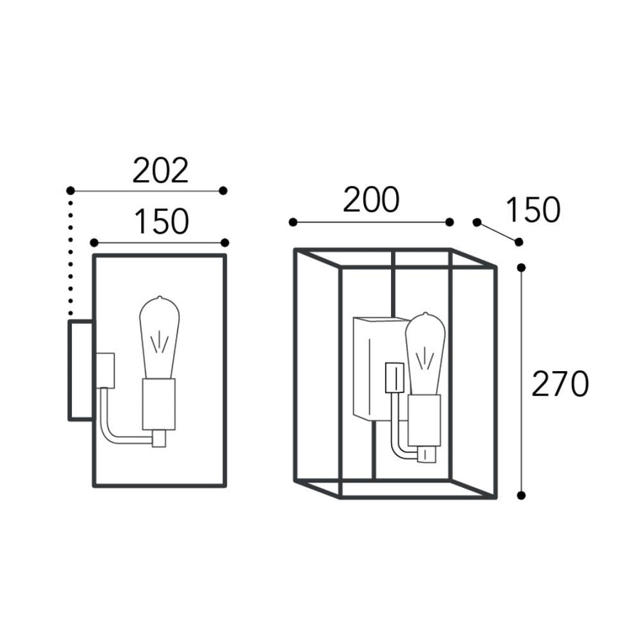 Cubic réz falilámpa méretrajza 20 × 15 × 27 cm-es lámpatesttel és 20,2 cm-es faltól mért kinyúlással