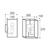 Cubic réz falilámpa méretrajza 20 × 15 × 27 cm-es lámpatesttel és 20,2 cm-es faltól mért kinyúlással