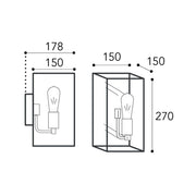 Cubic ipari falilámpa méretrajza 15 × 15 × 27 cm-es lámpatesttel és 17,8 cm-es faltól mért kinyúlással