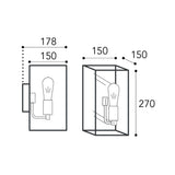 Cubic ipari falilámpa méretrajza 15 × 15 × 27 cm-es lámpatesttel és 17,8 cm-es faltól mért kinyúlással