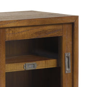 Loft stílusú, mindifából és üvegből készült, kézműves falipolc tolóajtóval