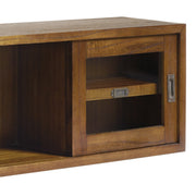 Loft stílusú, mindifából és üvegből készült, kézműves falipolc tolóajtóval