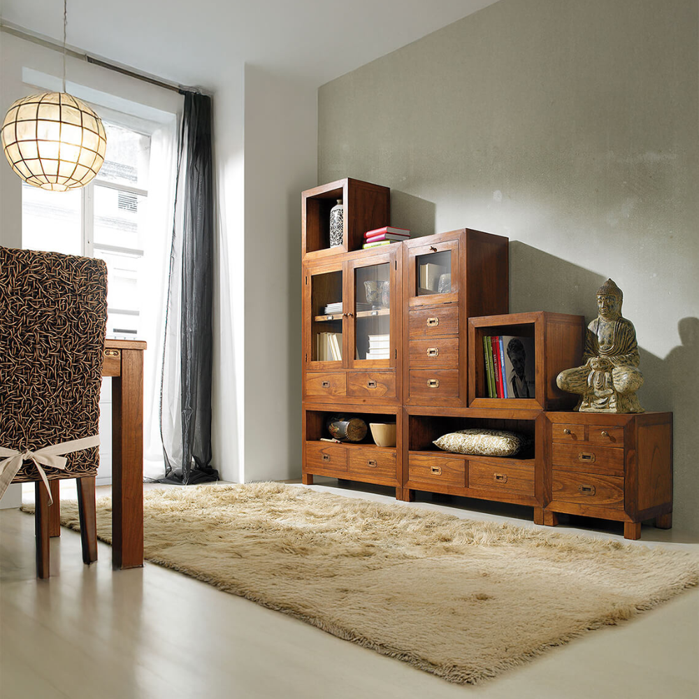 Loft stílusú, mindifából készült moduláris polcrendszer vitrin eleme.