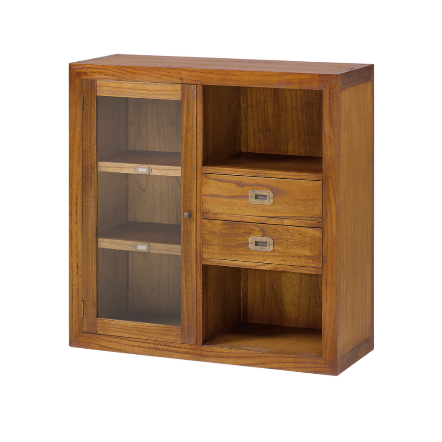 Loft stílusú, mindifából készült vitrines tároló két nyitott polccal, két fiókkal és üveges tárolóval.