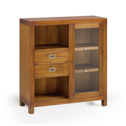 Loft stílusú, mindifából készült vitrines tároló két nyitott polccal, két fiókkal és üveges tárolóval.