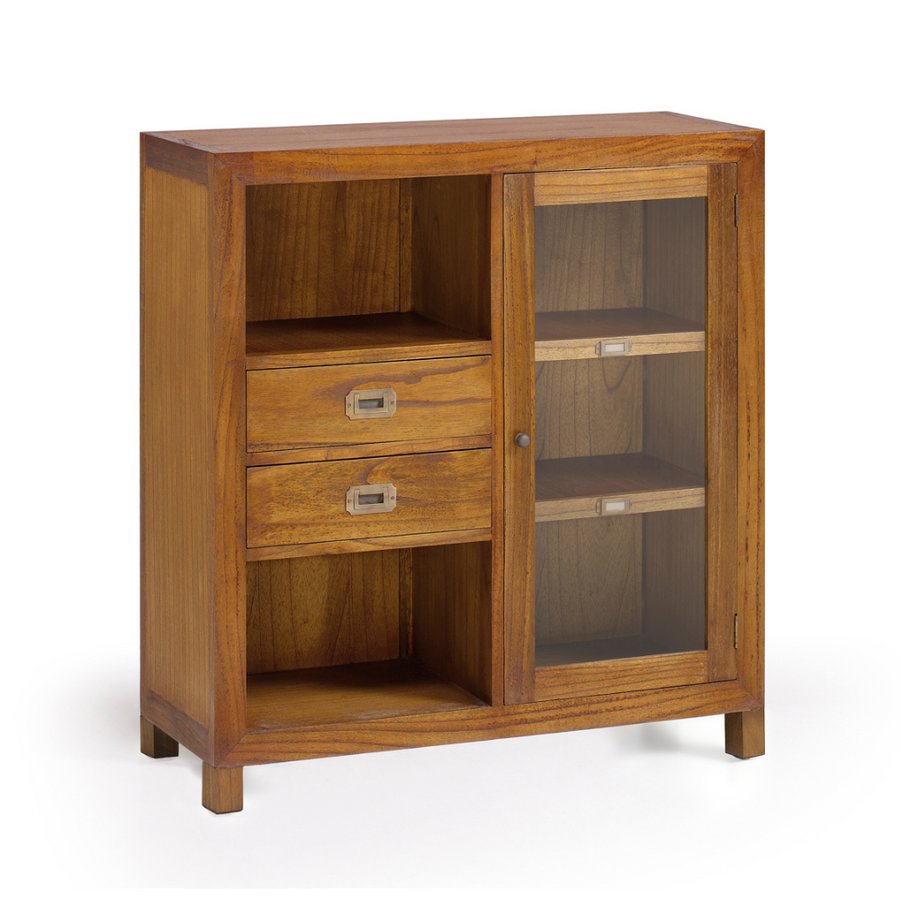 Loft stílusú, mindifából készült vitrines tároló két nyitott polccal, két fiókkal és üveges tárolóval.