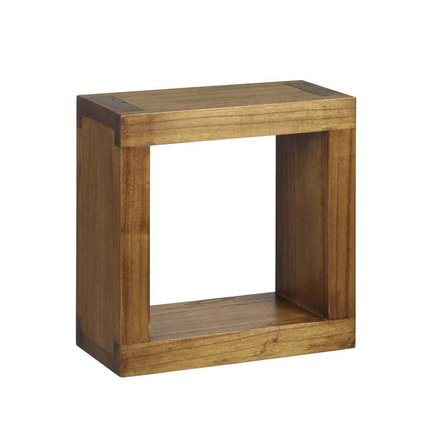 Loft stílusú, tömör mindifából készült, négyzet alakú, lakkozott felületű fali polc 