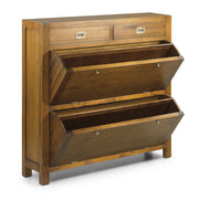 Loft stílusú, mindifából készült cipősszekrény felső fiókokkal és lenyitható tároló rekeszekkel.