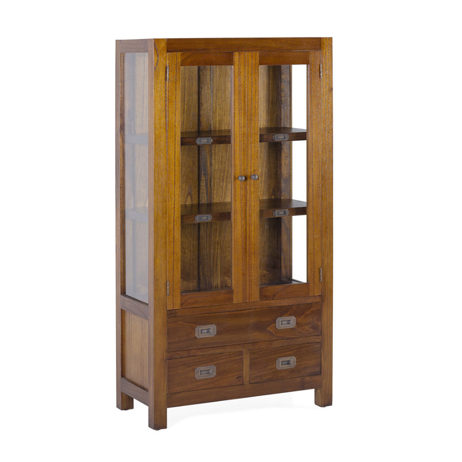 Loft stílusú, mindifából készült, üvegajtós vitrines szekrény