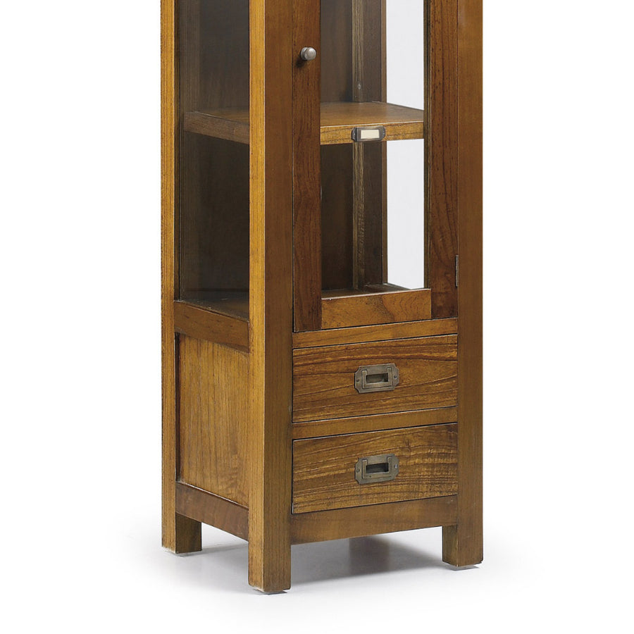 Loft stílusú, mindifából készült, üvegajtós vitrines szekrény